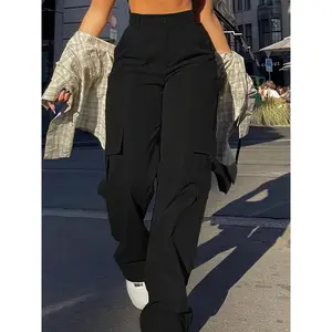 Flap Pocket Solid Color Cargo Pants, Y2K Slant Pocket Button Front Every Day Pants, Women's Clothing