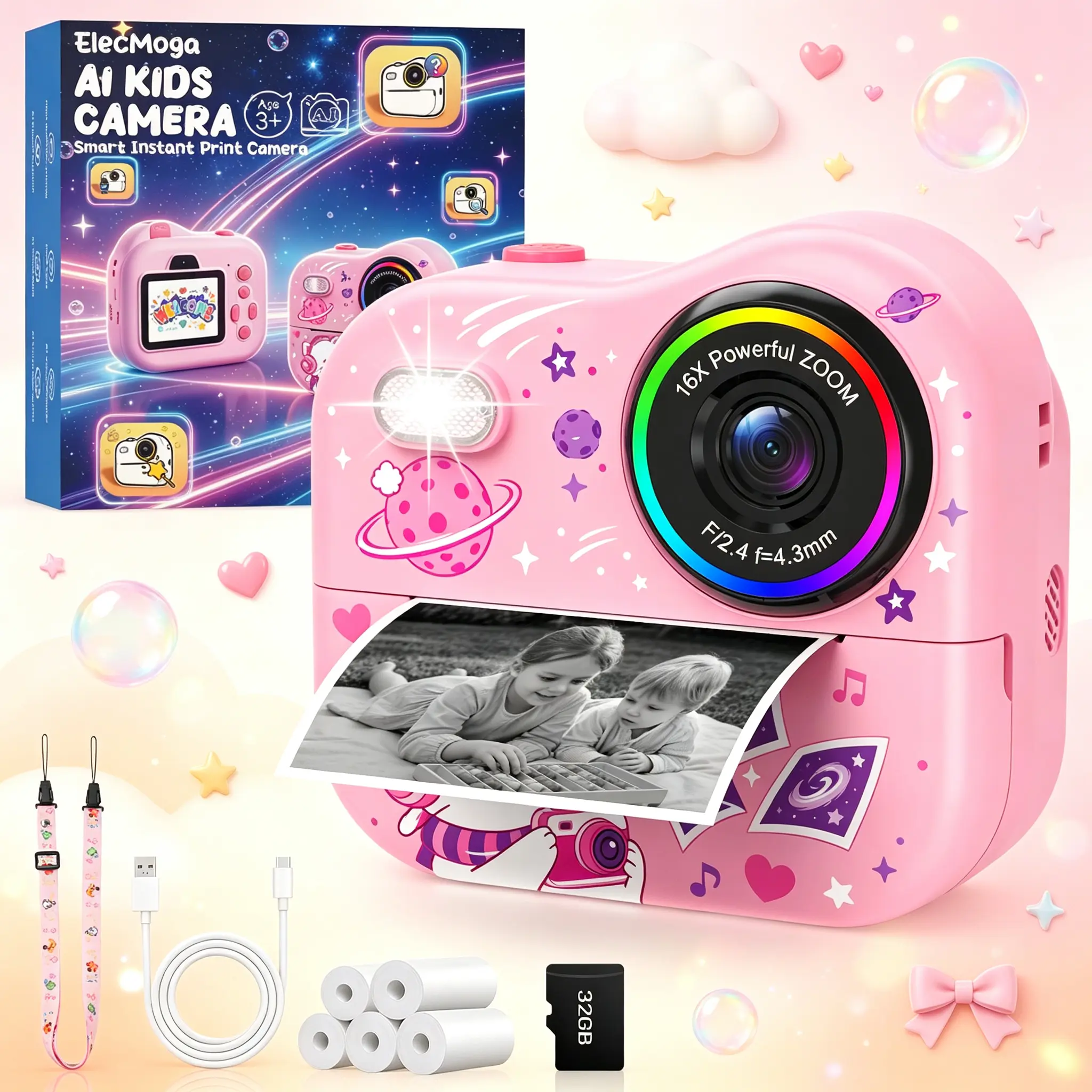 Smart AI Instant Print Camera for Kids – Voice Pic, Magic Cam, Role Talk, AI Refine, AI Q&A, 48MP HD, 1080P Video, 2.4" Screen, No Ink Thermal Print, Wi-Fi, Gift for Kids 3-12