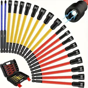 [fathersdaygift]19pcs Magnetic Nut Screwdriver Set,Impact Power Hexagonal Extra-long Nut Screwdriver Drill Bit Main Kit, SAE & Metric,1/4-inch Hexagonal Handle,Cr-V Steel, A Great Choice For Daily Use, Maintenance, And As A Gift For Festivals And Parties
