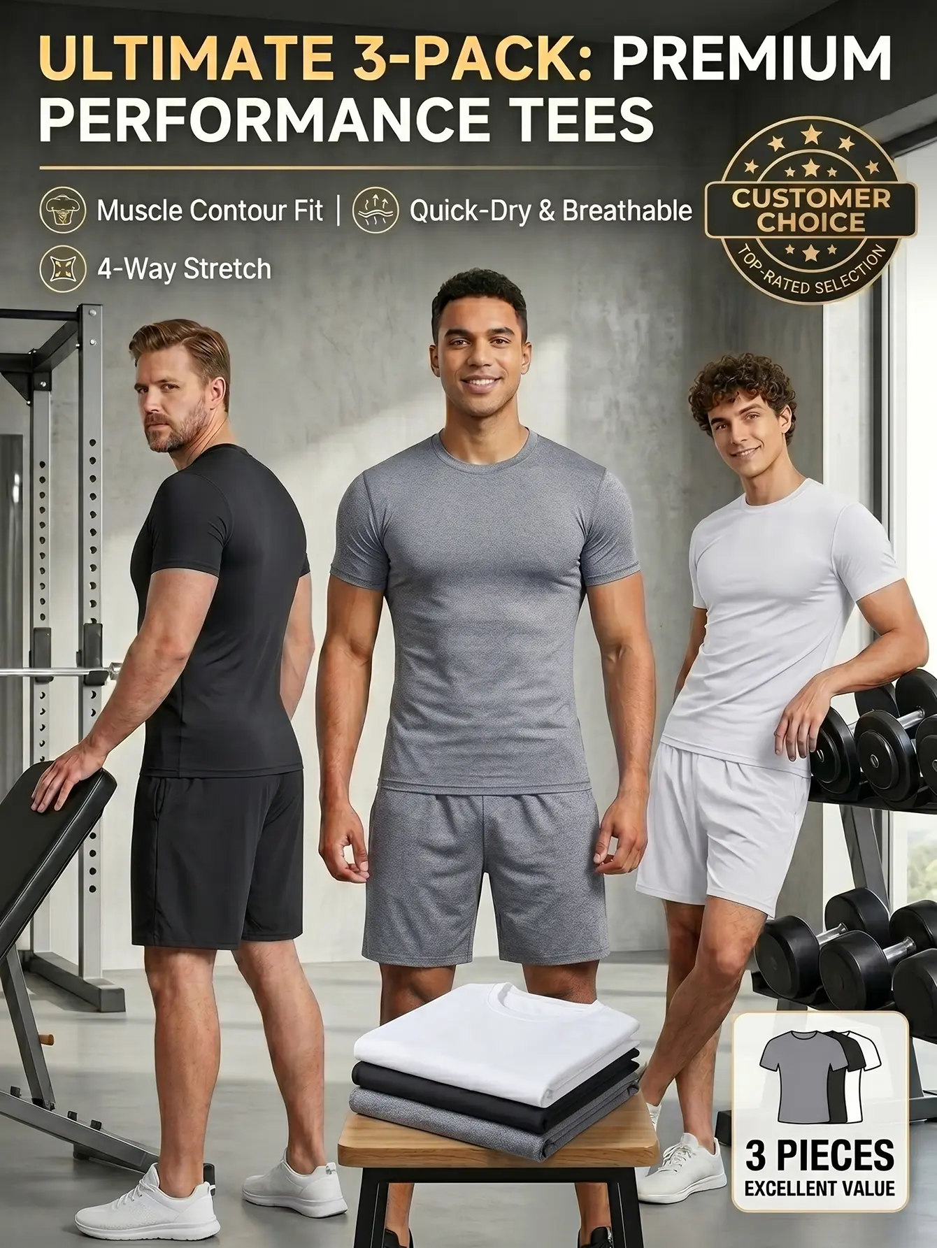 Men's 3-Pack Premium Performance Gym T-Shirts - Muscle Contour Fit Compression Tees, Quick-Dry 4-Way Stretch Workout Activewear Tops (Black, Grey & White)