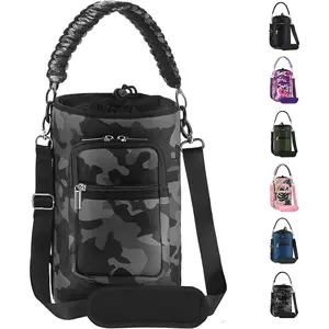 32/40/64/128 oz Neoprene Insulated Water Bottle Carrier Bag, Sling Bag Sleeve Pouch Holder with Strap & Paracord Handle and 2 Pocket for Travelling, Hiking, Camping