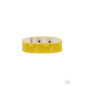 Follow The Wildflowers - Yellow Daisy Stamped Leather Wrap Bracelet - Paparazzi
