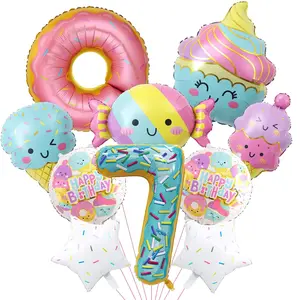 10 Pcs Ice Cream & Donut Balloons for 7th Birthday Party, Foil Number Mylar for Cake Decor