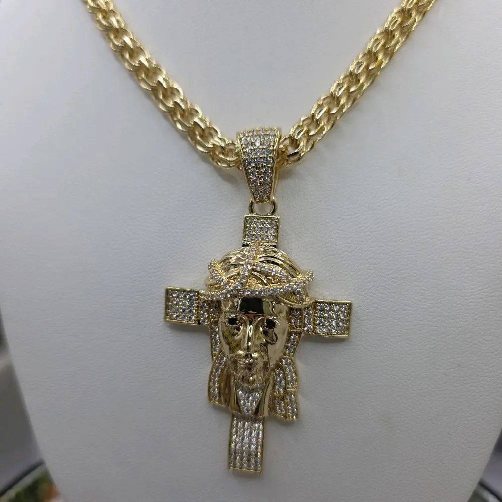 # 0323 14k Gold Plated Chinese-Style Chain, High-Quality Accessory with Diamond-Accented Crucifix