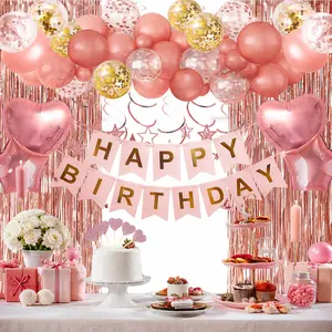 Rose Gold Birthday Party Decorations Happy Birthday Banner Rose Gold Fringe Curtain Heart Star Confetti Foil Balloons Hanging Swirls for Princess Birthday Party Backdrop Decor