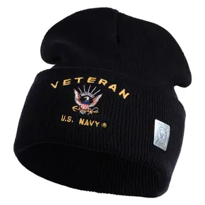 Veteran US Navy Logo Embroidered 12 Inch Cuff Long Beanie Made in USA