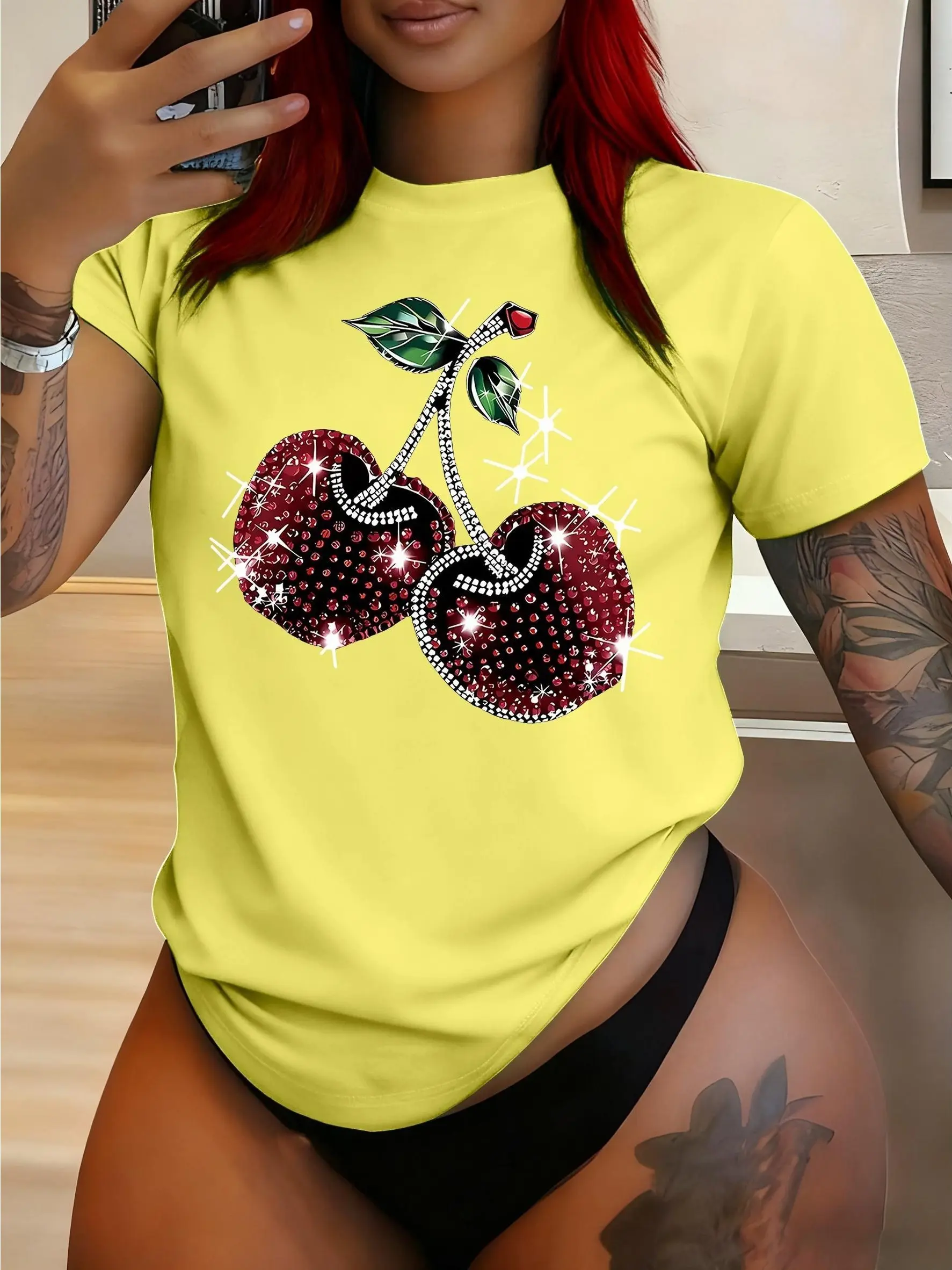100% Cotton Rhinestone Cherry Graphic Women Short Sleeve T-Shirt, Sparkly Bling Cherry Fruit Vintage Crew Neck Casual Tee, Slim Fit Y2K Summer Top S-3XL