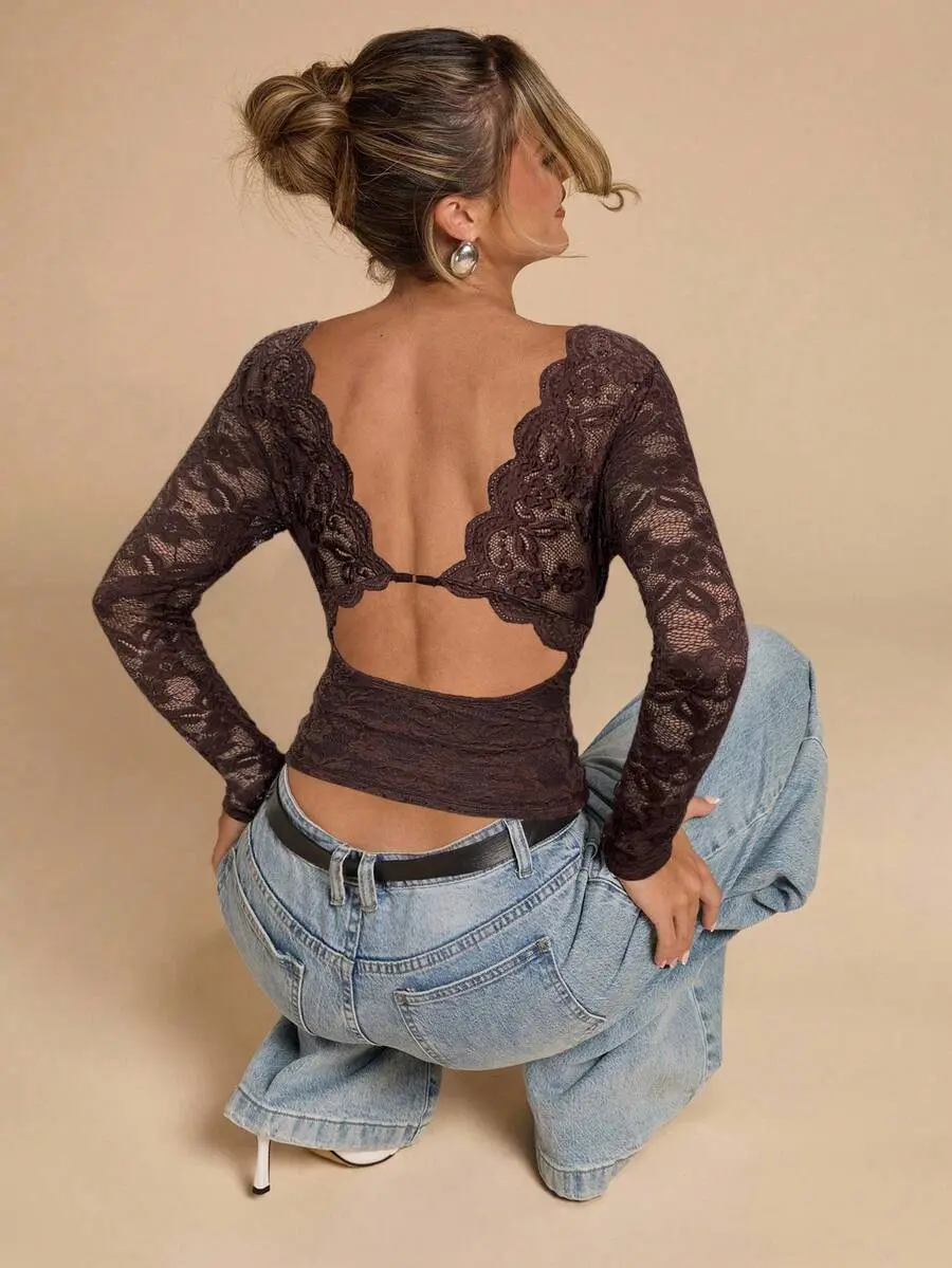 SOTMCO Women's Y2K Gothic Lace Long Sleeve Backless Blouse, Brown Floral, Winter, Seductive, Date, Night Out, Solid Minimalist Top For Party, Cocktail, Formal Occasions