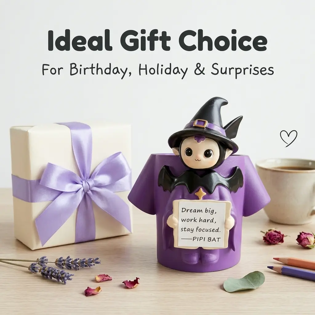 Cute Halloween bat collectible ornament, multifunctional purple witch desktop decoration, cute art makeup brush holder with inspirational quotes cards, a unique gift for friends and anime fans.