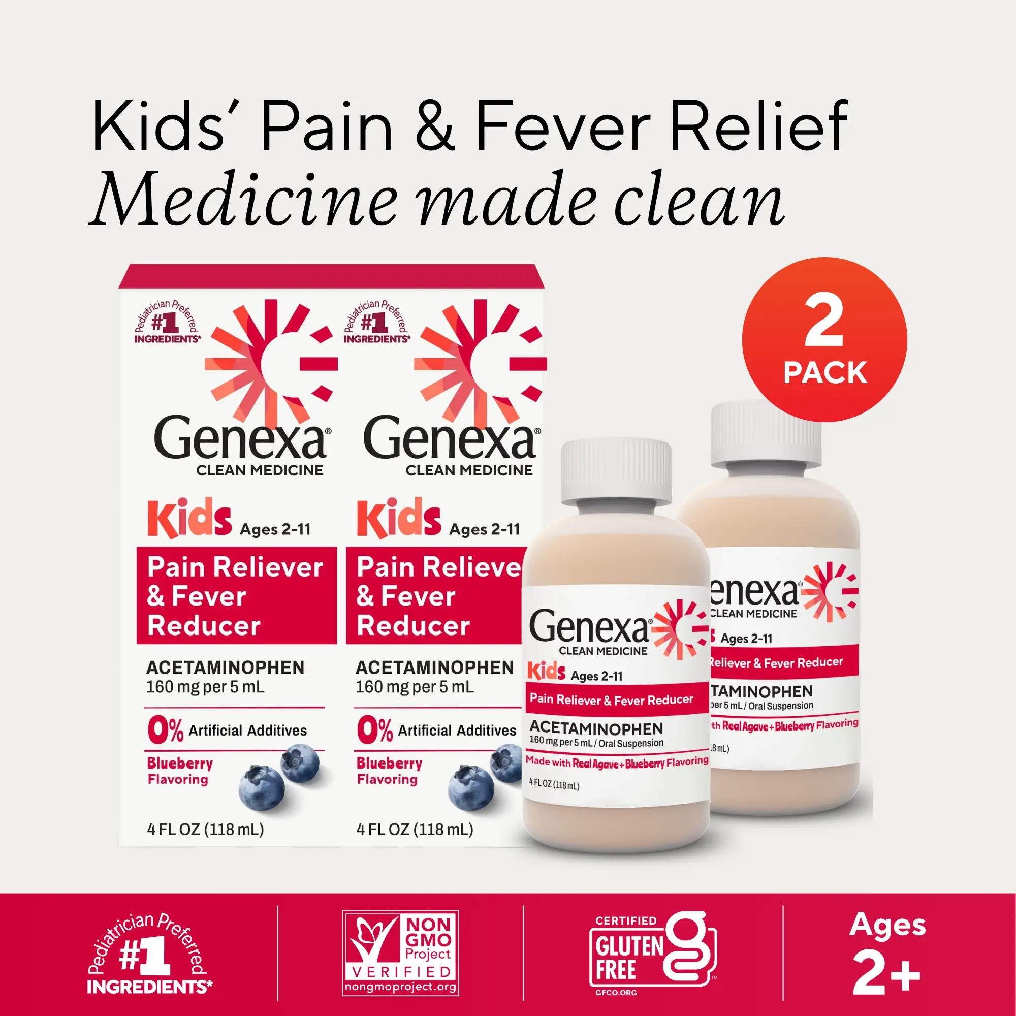 Genexa Children's Acetaminophen Made Clean, 2 Pack Blueberry Flavor | Pediatrician Preferred Ingredients | Dye Free, 0% Artificial Additives | Pain Reliever & Fever Reducer for Kids Ages 2-11 | 160mg/ 5mL | 8 Fl Oz Value Pack