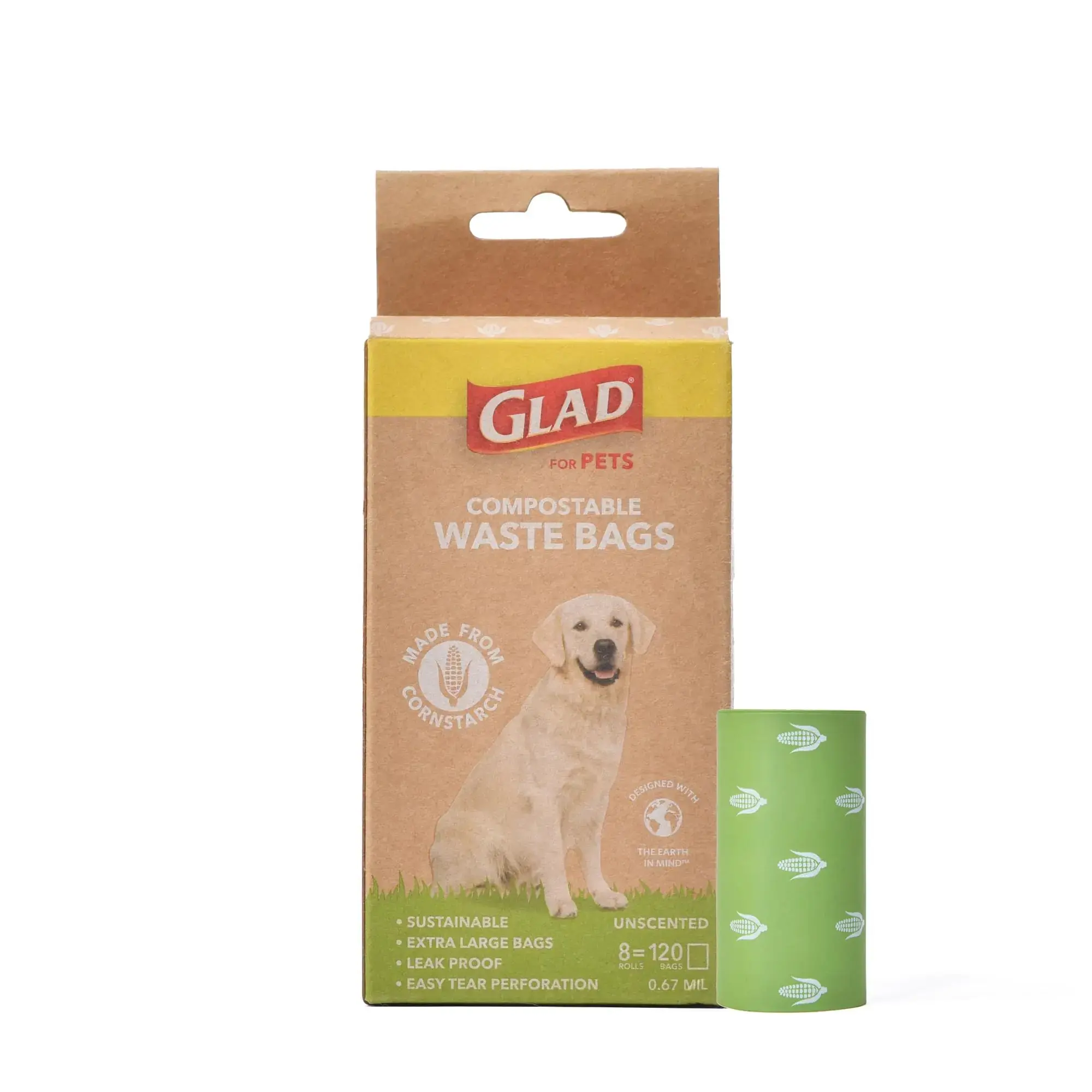 GLAD® Compostable Dog Waste Bags - 120 Eco-Friendly Leak-Proof Bags 8 Rolls Certified Cornstarch Material Easy Tear Perforation 9" x 14"