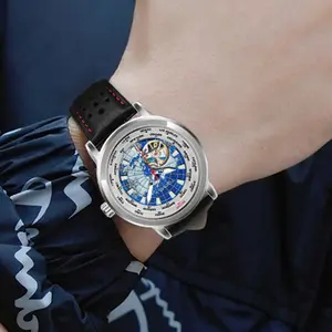 World Map Global Time Zone Skeleton Automatic Men Watch, Global Business Traveler Luxury Gift For International Business Gentlemen