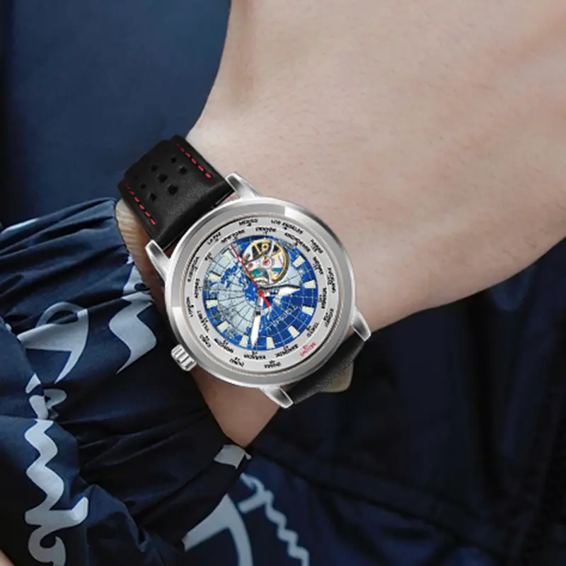 World Map Global Time Zone Skeleton Automatic Men Watch, Global Business Traveler Luxury Gift For International Business Gentlemen