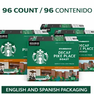 Starbucks Decaf Pike Place Roast K-Cup Coffee Pods Medium Roast 96 Keurig Pods for Keurig Brewers Spanish & English Packaging