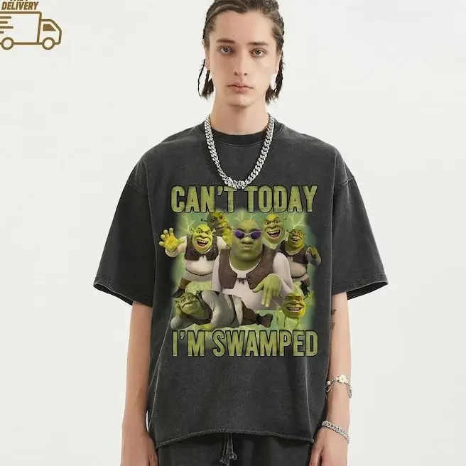 Women's Shrek "Can't Today I'm Swamped" Funny Graphic T-Shirt - Lady's Casual Comfy Tee, Soft Cotton Round Neck Fitted Streetwear Top, Tshirt