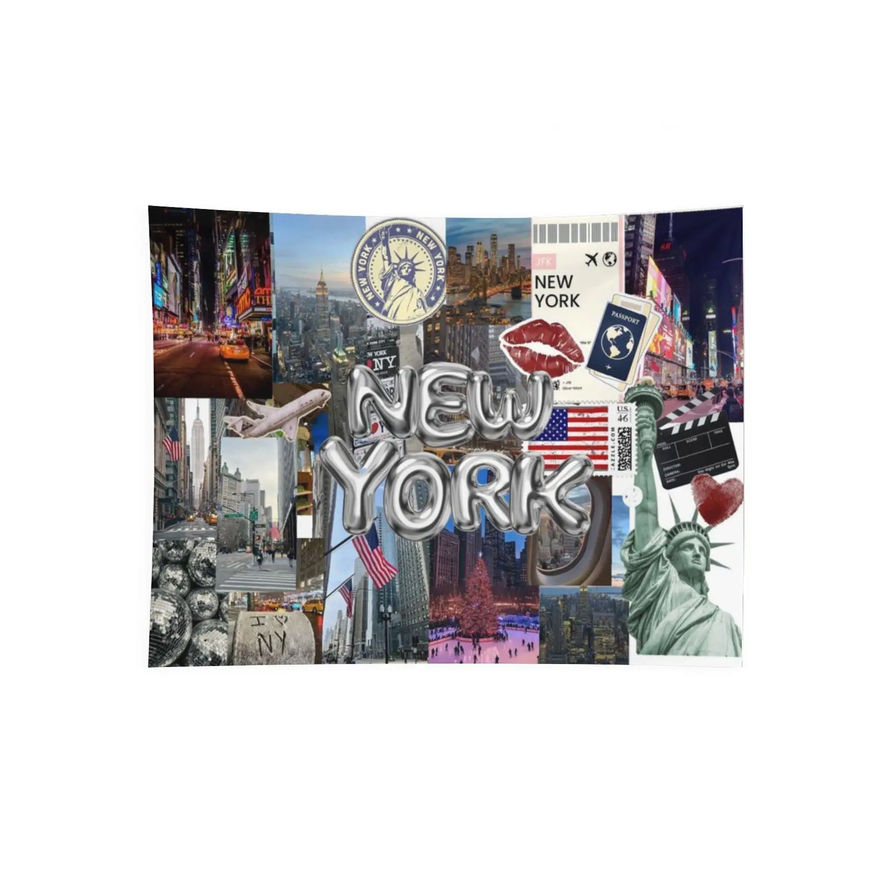 New York Travel Collage Wall Tapestry, NYC Statue of Liberty Times Square Passport Y2K City Wall Decor