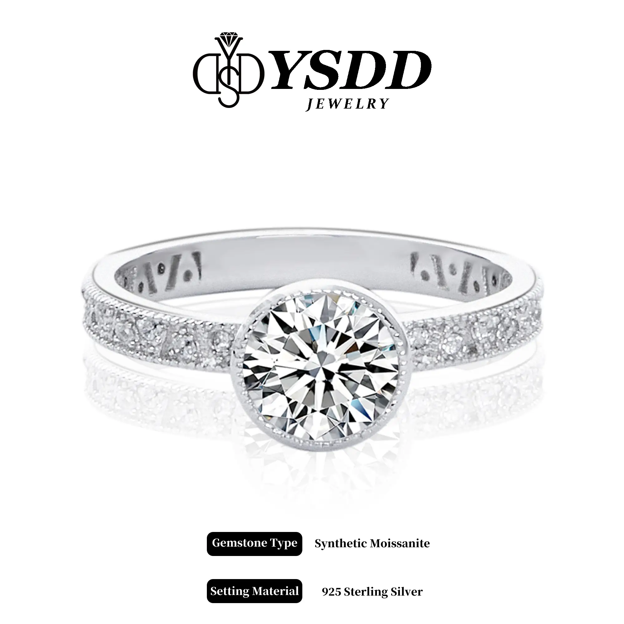 【#226 Art Deco】Vintage 1Carat Engraved Round Bezel Synthetic Moissanite Rings in 925 Sterling Silver