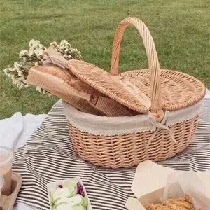 Rattan Storage Basket Outdoor Snacks Picnic Basket With Lid Wicker Sundries Fruit Flower Breadbasket Kitchen Organizer Decoratio