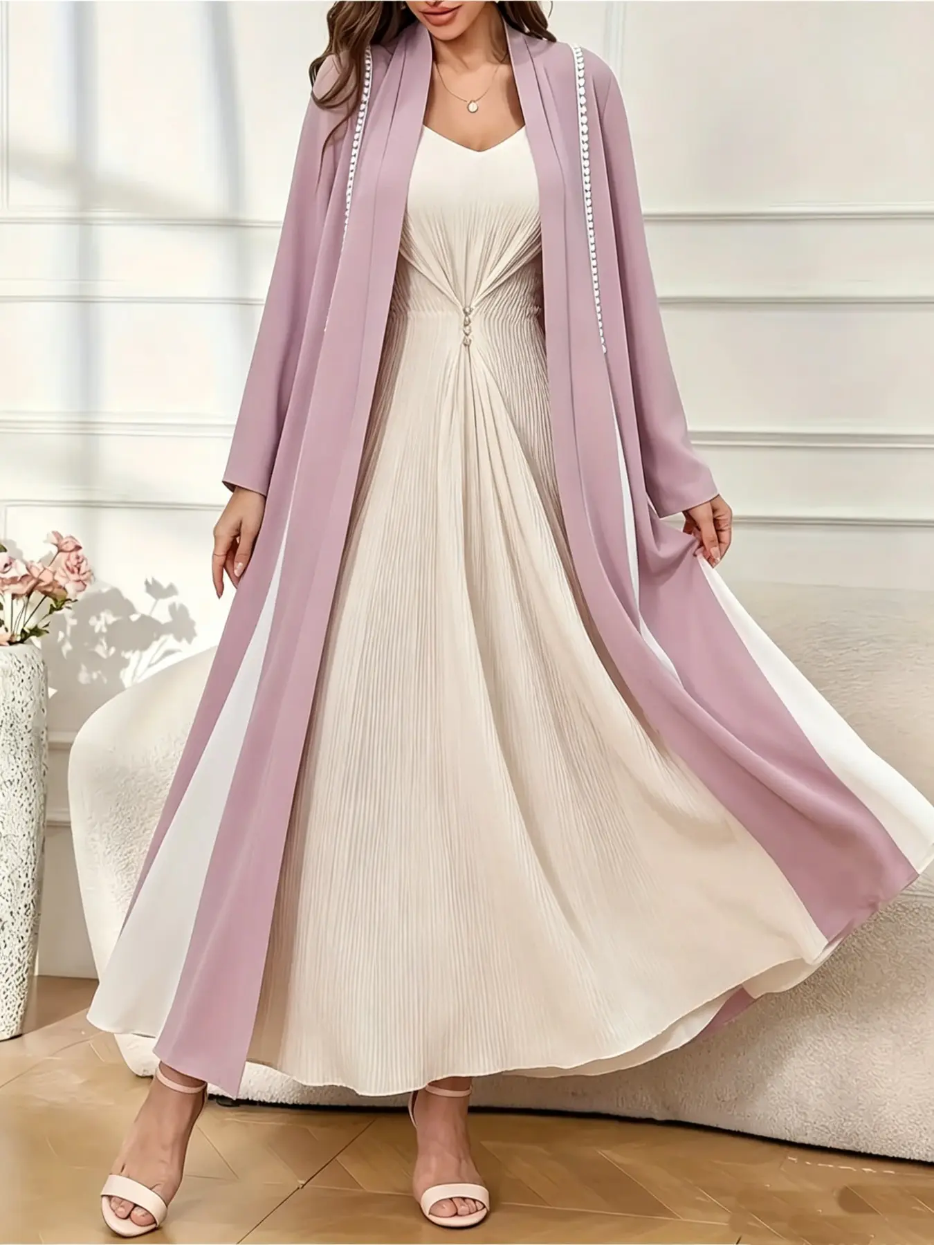 Color Block Open Front Dress, Elegant Long Sleeve Extra Long Muslim Robe, Islamic Clothing, Women's Clothing, Plain Surface, Unlined, Not Vest