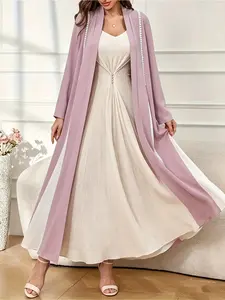 Color Block Open Front Dress, Elegant Long Sleeve Extra Long Muslim Robe, Islamic Clothing, Women's Clothing, Plain Surface, Unlined, Not Vest