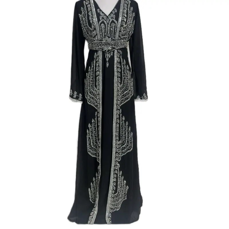 Gorgeous Silver Beads Chiffon Kaftan with Great Detail and High End Quality Black Long Sleeve Dress