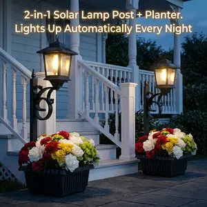 Solar Post Light with Planter, 1500mAh Battery 2-in-1 Outdoor decorative Solar Lamp, Water Resistant Post Lighting for Patio Porch Front Door Roadside, Plastic & Glass, Auto Shut-Off, Garden lawn Wedding Decor