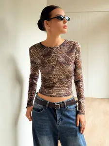 Women's Leopard Print Mesh Long Sleeve Crewneck Top, Vintage Wild Style, Slimming Transparent Design, High Stretch Fit, Casual Streetwear Womenswear