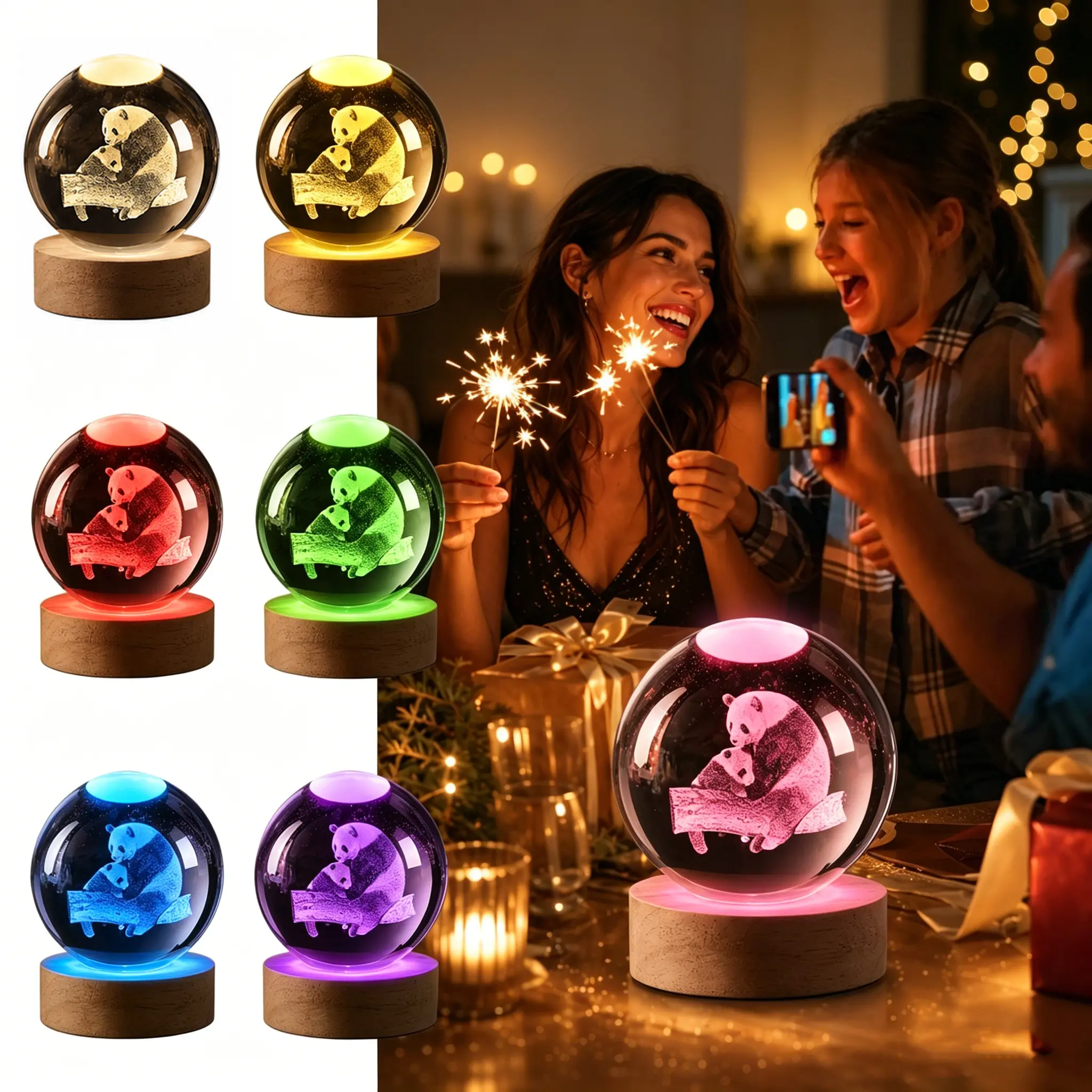 3D Laser-Engraved Panda Crystal Ball Night Light | USB-powered with a soft glow—the perfect gift for panda lovers. Ideal for nurseries, desk decor, or as a heartwarming gift.