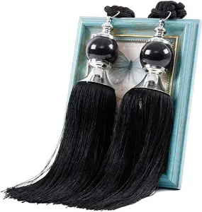 2PCS Black Curtain Tassel Tiebacks Crystal Beaded Fringe Rope Tassel Tie Backs Pair Polyester Acrylic 60cm Length for Drapery Window Door Decorations
