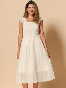 INSPIRE CHIC Women's Summer Midi Tulle Dress Sleeveless Smocked Square Neck Tiered Ruffled Wedding Guest Dress Apricot