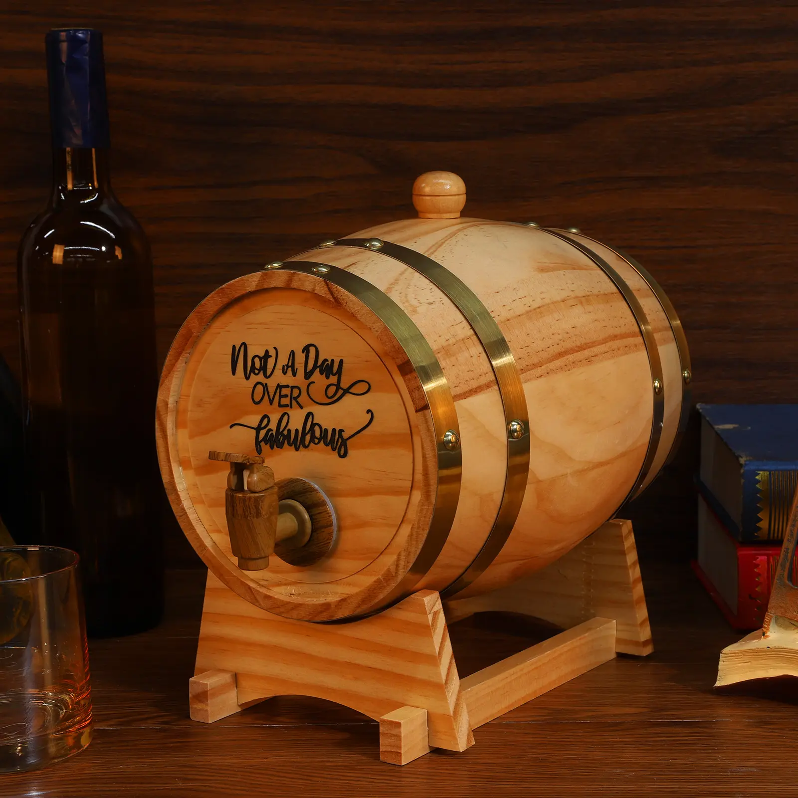 1 x 3L Oak Whiskey Barrel - Engraved Kitchenware Bar Utensil with Oak-Plastic Stand, Stopper, Wood Grain Faucet, Liquor Beverage Storage Equipment for Accelerated Aging Process