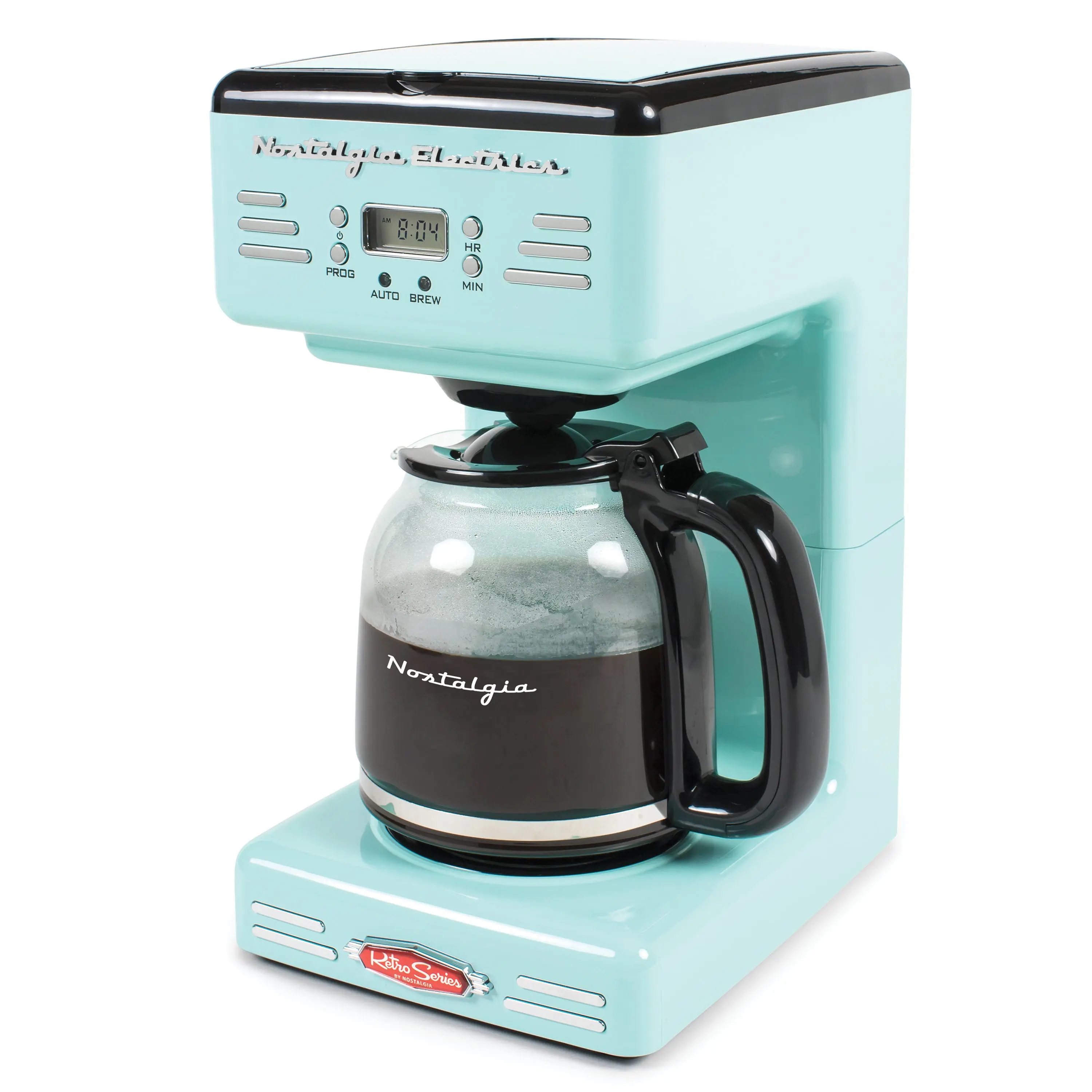 Nostalgia Retro 12-Cup Brew Coffee Machine with 24-Hour Programmable Clock, Pause Function, Keep Warm Function, Spill-Proof Anti-Drip, Boil Dry Protection, and Reusable Filter