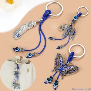 Evil Eye Leaf Butterfly Keychain Charm, Creative Blue Eye Decorative Bag Pendant, Bohemian Stylish Accessory for Purse Backpack Car Keys Daily Use & Casual Street Style