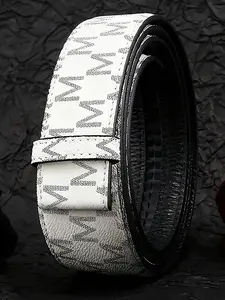 Men's and women's fashion letter embossed PU leather belt with automatic buckle waistband, black and white coffee color, free cutting, street style, regular fit 3.5cm/1.38in wide ratchet belt body, matched with automatic buckle waistband