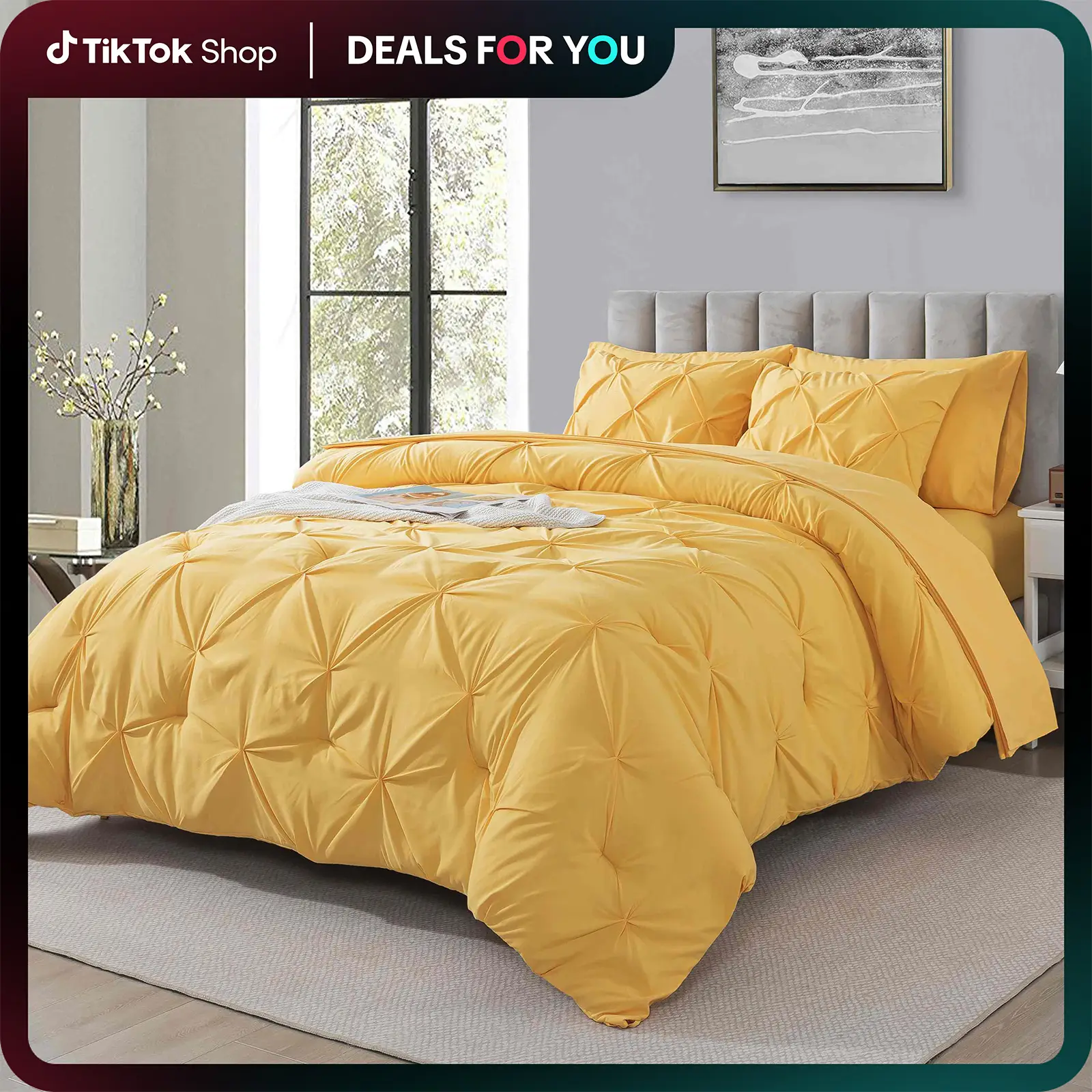 【Deals for you 】Cosybay 7Pcs Pintuck Comforter Set-Lightweight Comforter King size,Fitted Sheet,Flat Sheet,2 Pillow Shams,2 Pillowcases-Queen size Bed