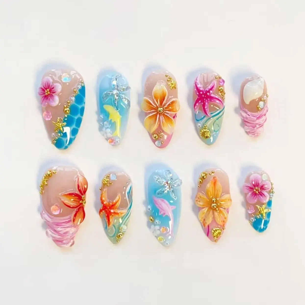 Starfish Bloom Elegance Press On Nails Long Almond Nails/Shark Flower Nails/Yellow Nails/Summer Nails/Shell Nails/Conch Nails/Birthday Nails