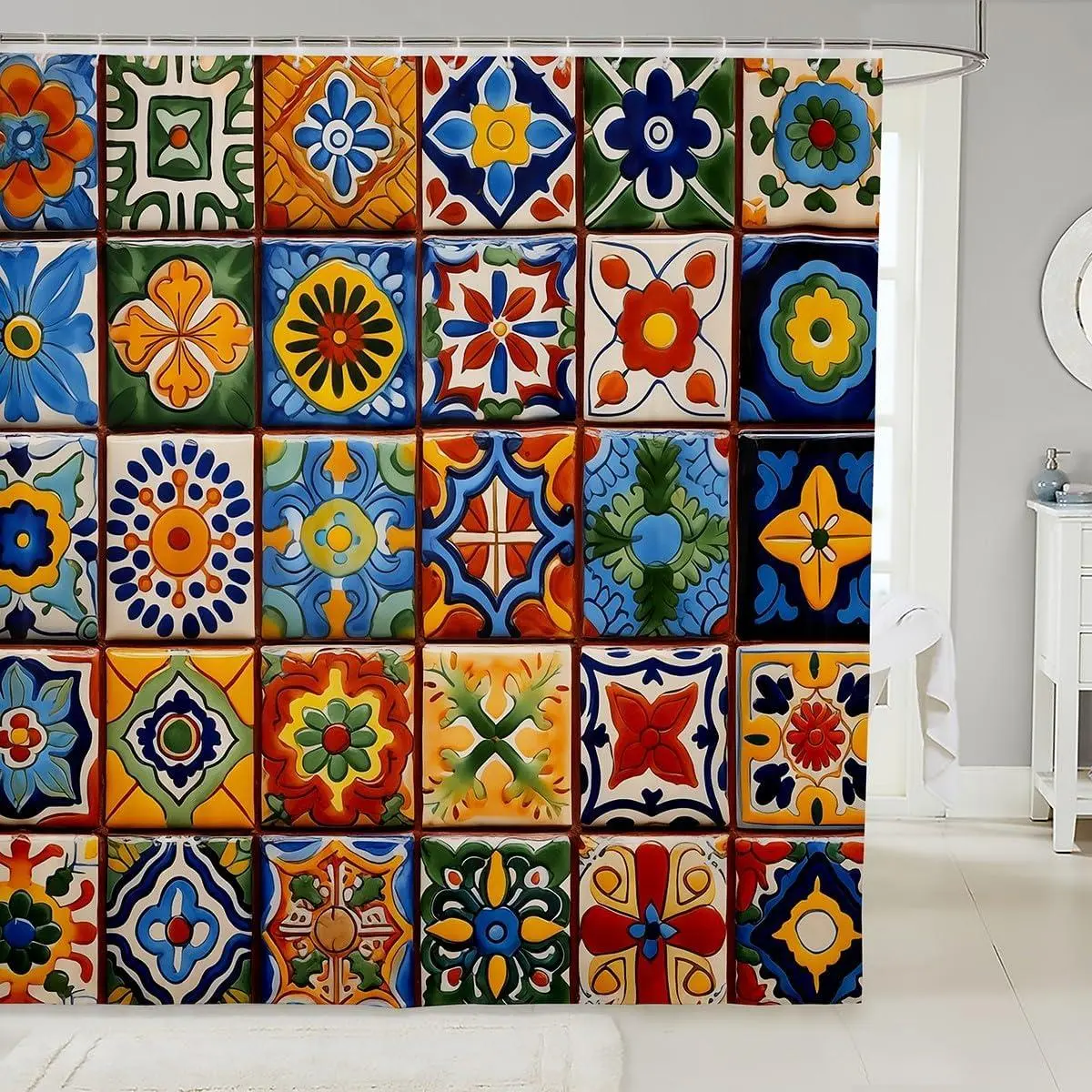 Feelyou Mexican Talavera Tile Shower Curtain Set - Washable Polyester, Digital Ethnic Print, Boho Mexican Style, Multi-Size Printed Design, Kids' Bathroom Decoration Soft Furnishing Accessory, Ethnic Print Curtains, Printed Design Curtains