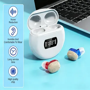 Chargeable hearing amplifier with comfortable earplugs, portable design, li-polymer -ABS material, sound amplifier for ears, travel audio accessories, sleek amplifier design, durable audio equipment.