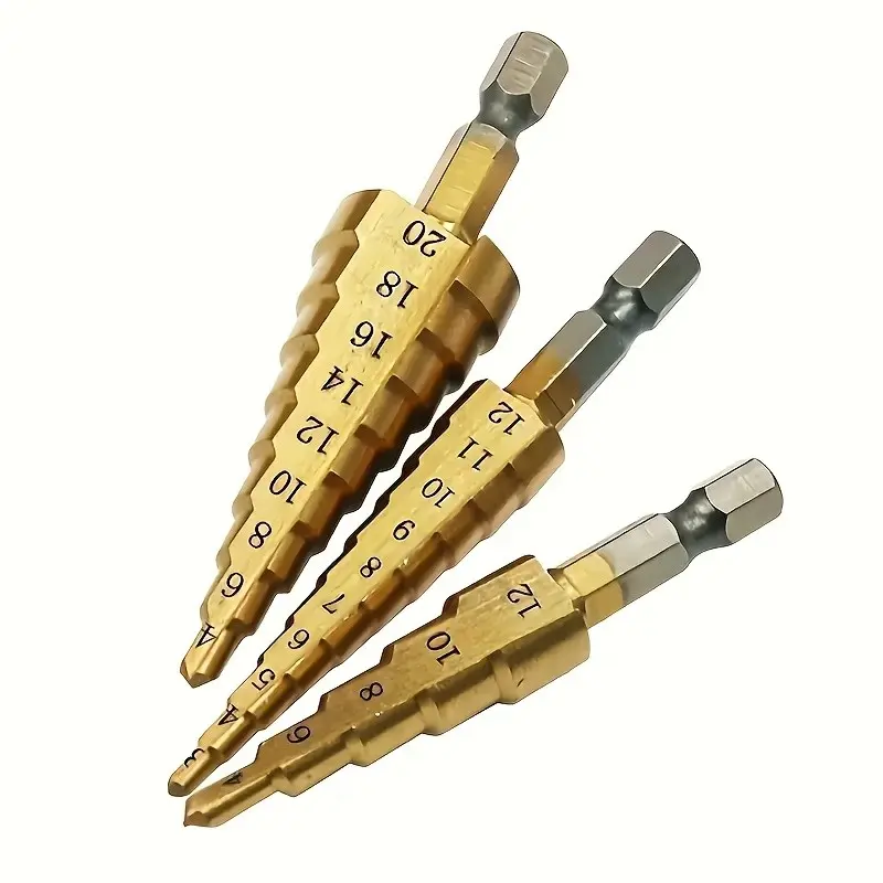 3-Piece Coated Hss Shank Step Drill Bit Set, Multiple Sizes and Precision, Durable Heavy Duty Drills for Wood and Metal, Multi-Functional Boring Tool