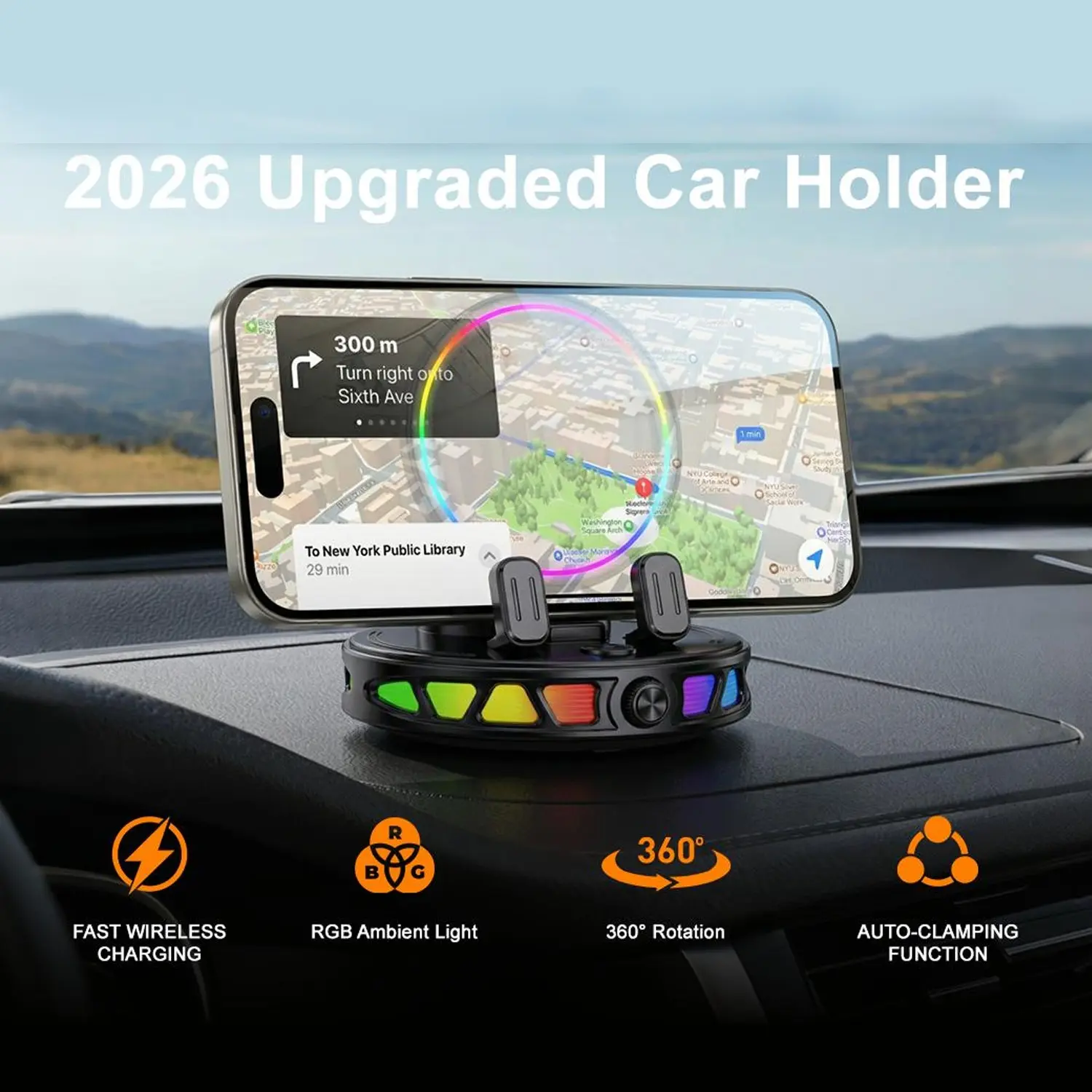 360° Rotating Magnetic Wireless Car Phone Holder, RGB Ambient Light, Super Stable Vacuum Cup, Auto Lock, Universal Smartphone Holder, Compatible with iPhone and Android, Phone Holder for Car Dashboard, Phone Car Mount