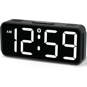 Small Digital Alarm Clock Plug in for Bedrooms Bedside, Tiny Electric Clock Large Big Numbers Display Battery Backup for Desk Table, 6 Dimmers, 5 Adjustable Alarm Volume (White)