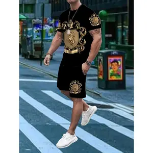 Men'S Casual 3D Print Athletic Shorts and T-Shirt Set - Golden Dragon Design, Black Tee with Round Neck, Shorts with Drawstring Waist, White Sneakers, Summer Sportswear, Athletic Wear | Dragon Print Top | Stretchy Fabric
