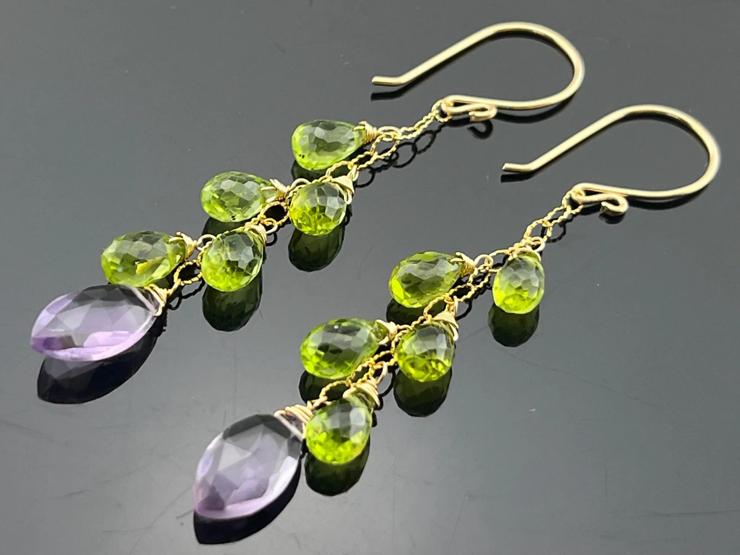 Pink Amethyst Peridot 14K Gold Filled Cascade Drop Earrings