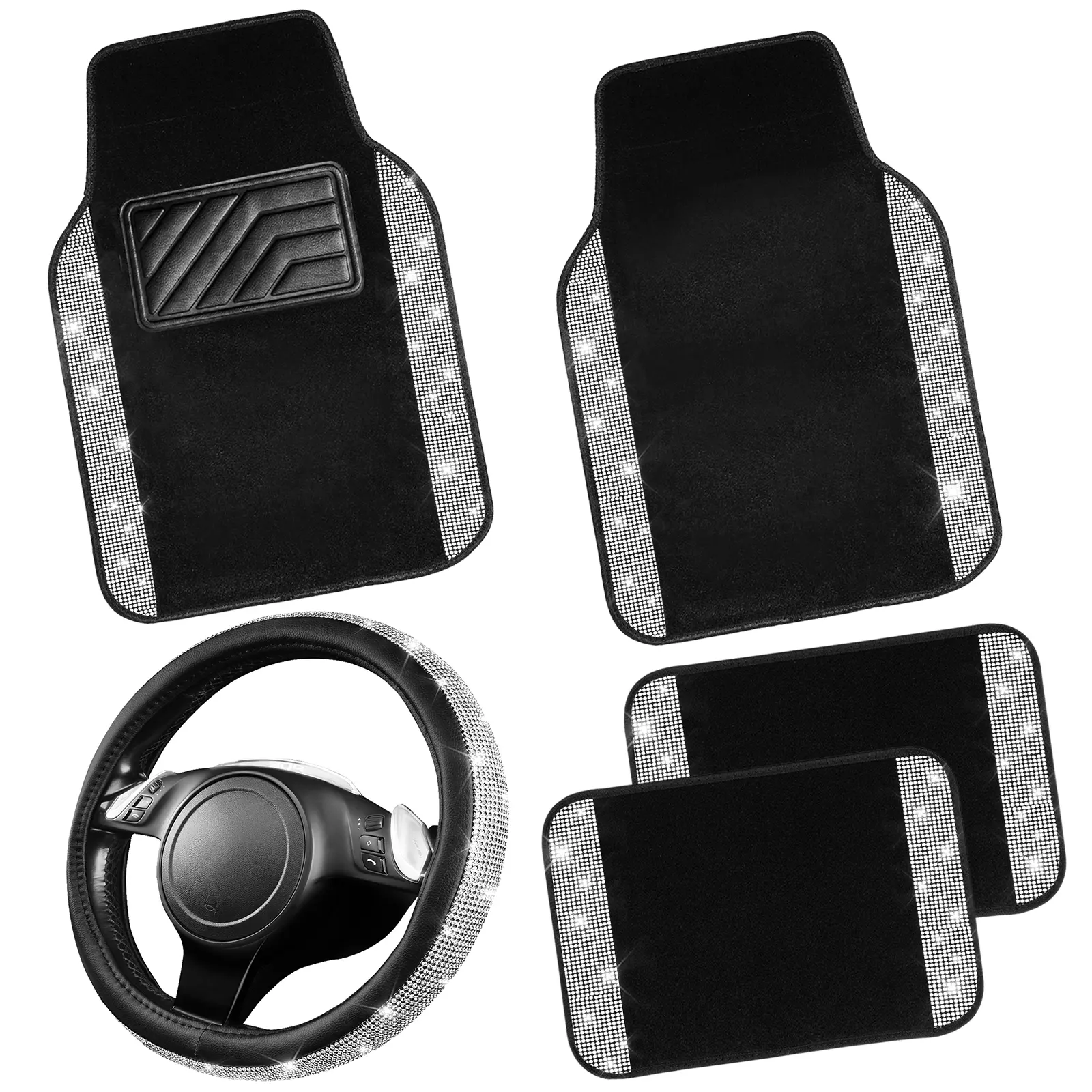 Silver Car Floor Mats + Steering Wheel Cover