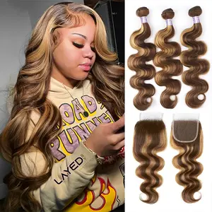 Highlight Bundles With Closure Brazilian Ombre Body Wave Bundles With Closure P4/27 Brown Color Remy Hair Weave Bundles