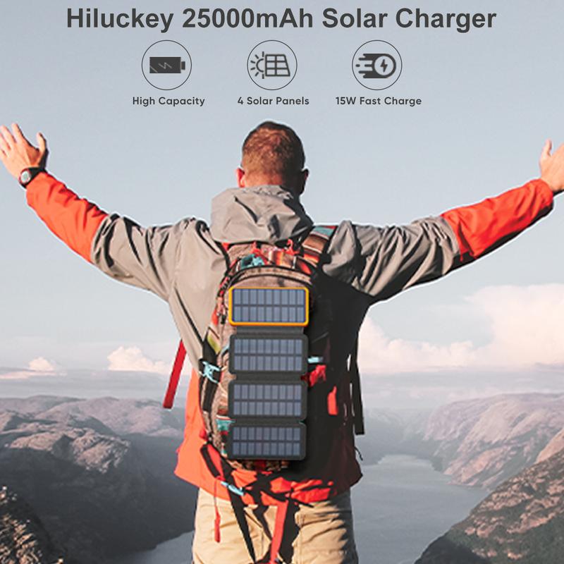 Solar Charger 25000mAh, Hiluckey Outdoor USB C Portable Power Bank with 4 Solar Panels, 3A Fast Charge External Battery Pack with 3 USB Outputs Compatible with Smartphones, Tablets, etc.