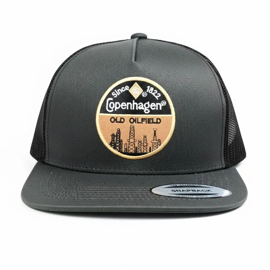 Copenhagen Old Oilfield Patch Hat Charcoal Grey Mesh Trucker Cap 7 Panel Flat Bill Snapback Hat Vintage Oil Rig Industrial Baseball Cap For Men Women Oil Worker Southern Gift