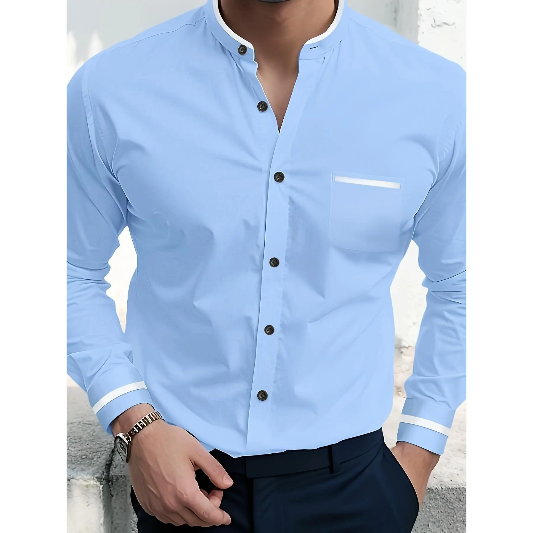 [Light Blue Polyester Shirt] Light Blue Breathable Polyester Shirt - Men's Fashion Long Sleeve with Stand Collar and Chest Pocket, Casual Style for All Seasons