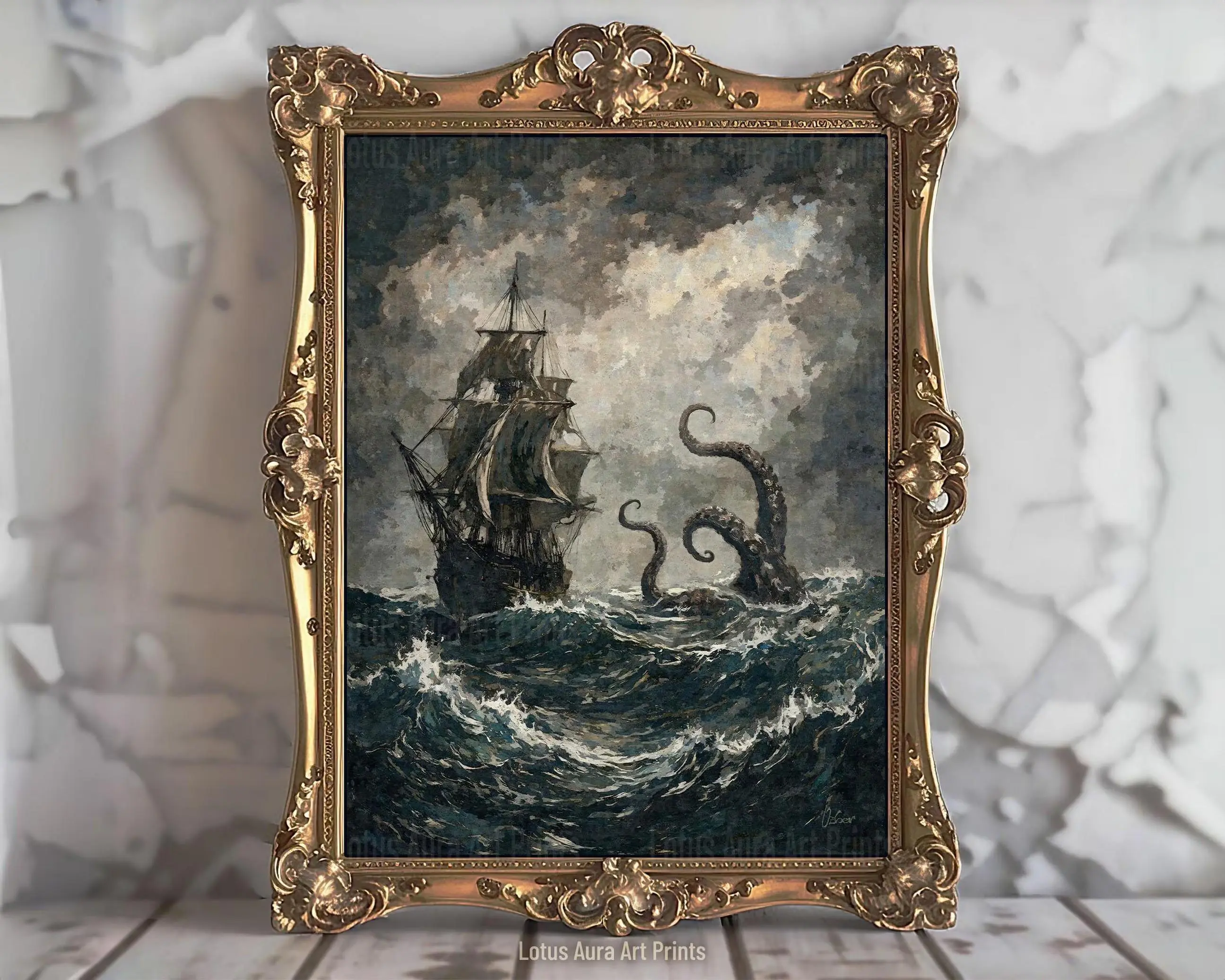 Lure of the Kraken Gothic Pirate Ship Printed Poster, Dark Nautical Ocean Wall Art, Sea Monster Decor for Bedroom, Office or Man Cave