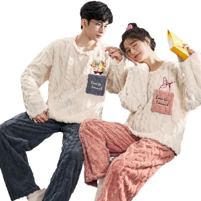 Couple's Matching Thick Coral Fleece Pajama Set - Cute Cartoon Long-Sleeve Holiday Winter Nightwear with Cozy Warmth, Heavy-Duty Warmth, Adorable Prints, Sweet Vibe, Longsleeves, Thick Fleece, Women, Style